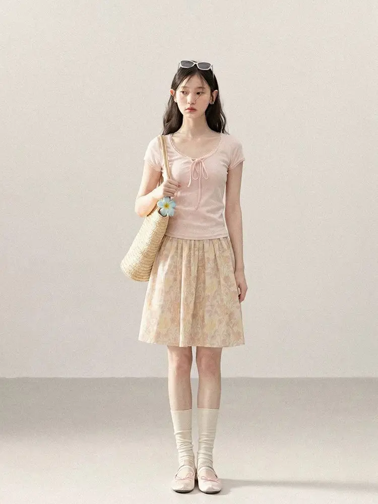 Vintage Cottagecore Dopamine High Waist A-Line Soft Floral Print Skirt Women Petite Slim Fit Midi Vacation Casual Daily Outfit