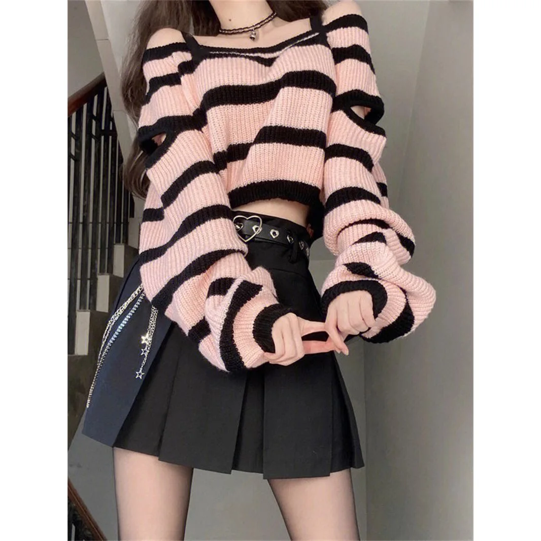 

Sexy Pullovers for Women Chic Hollow Out Off Shoulder Sueter Pull Femme Casual Striped Knitted Sweater Y2k Tops Korean Jumper