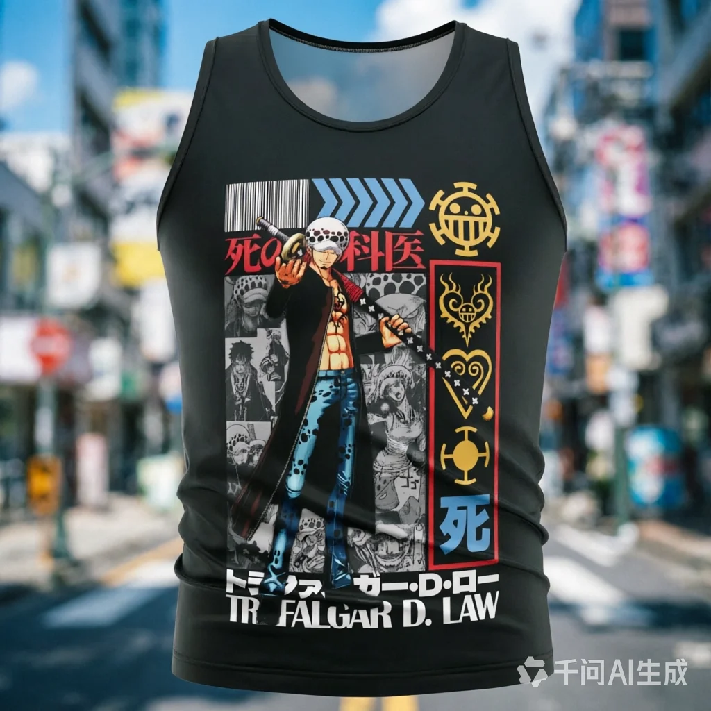 One Piece Trafalgar D Law Vintage Anime Print Men Black Sleeveless Casual Gym Streetwear Workout Sports Tank Top