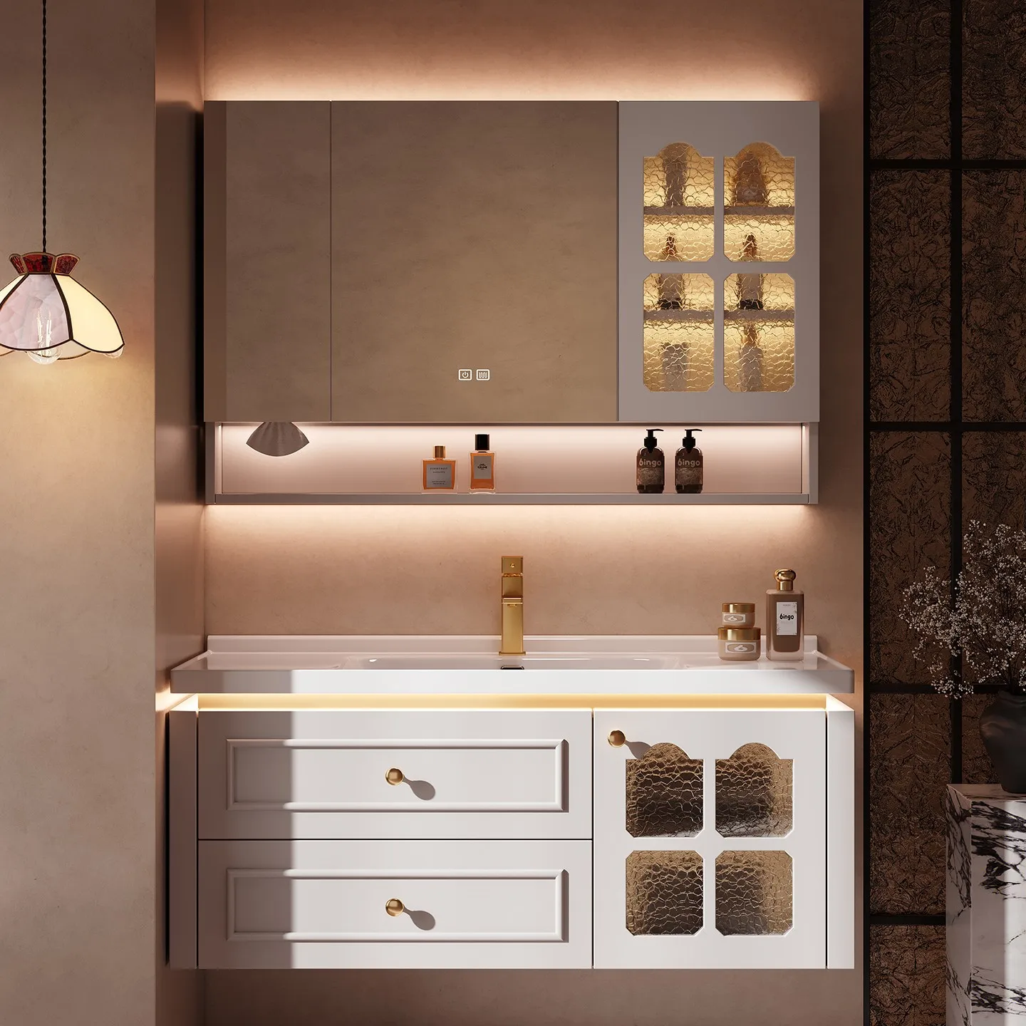 Factory Direct 2026 French light luxury oak bathroom cabinet ceramic integrated basin bathroom rock slab washstand hand washbasi