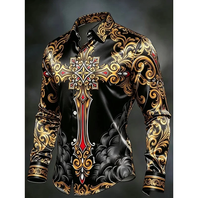 New retro shirt with black background, shiny surface, diagonal stripe, gilded iris vine art carving, long sleeved shirt