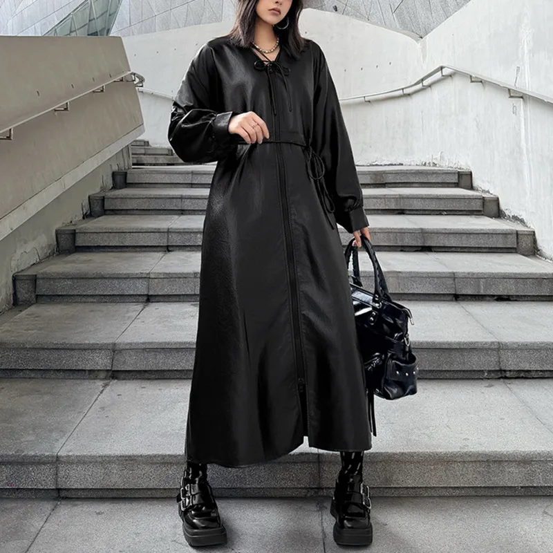 HKSH 2026 Spring Autumn New Women Dress V-neck Zipper Long Sleeves PU Leather Punk Streetwear Chic Stylish Trend Dresses HK18722