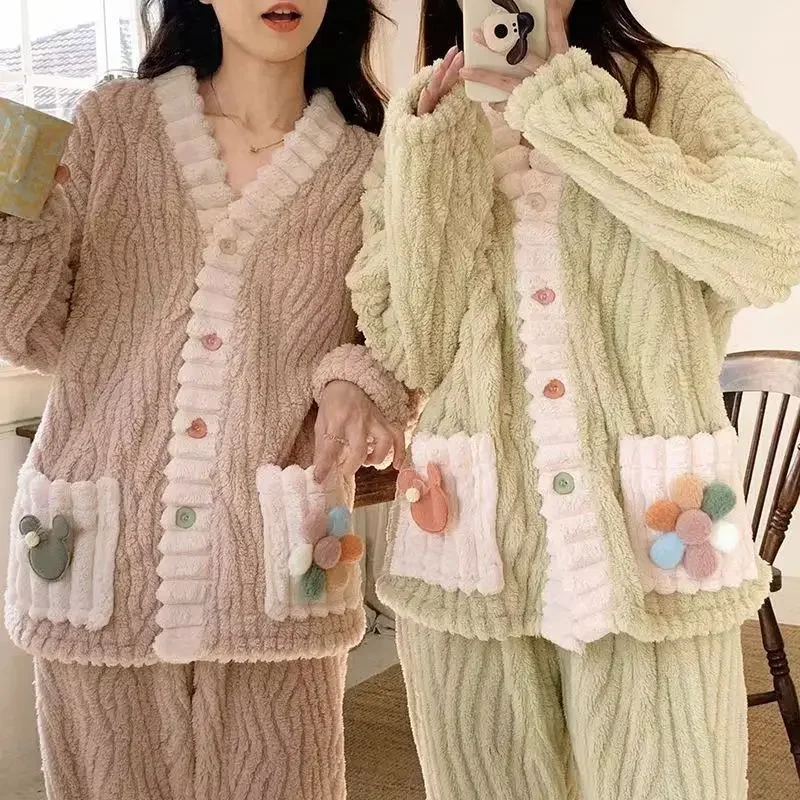 New Winter Cute Girls Pajama Sets Flannel Fleece Thicken Warm Women Homewear Coral Velvet Button Fly Sleepwear Cute 2Pcs Pajamas