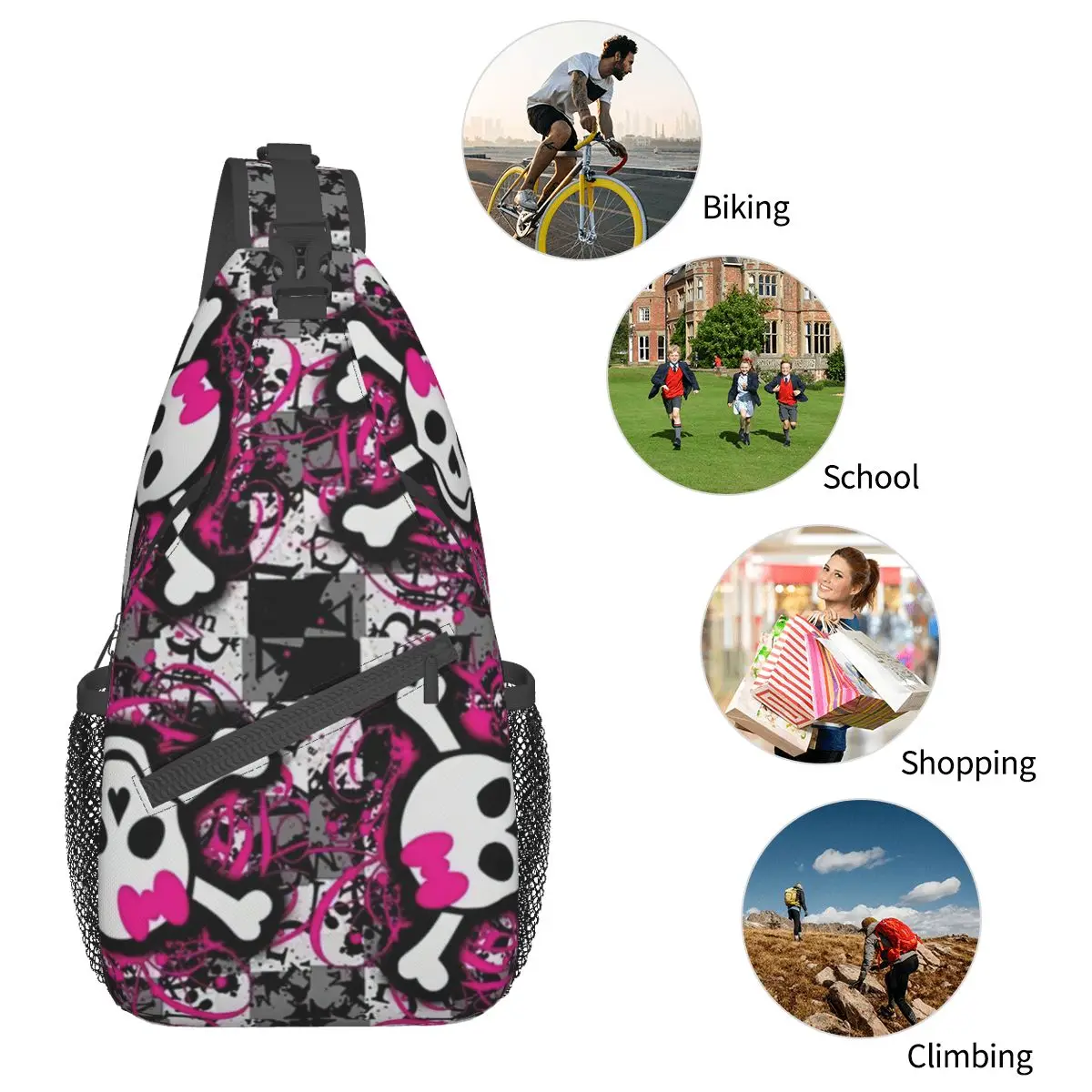 Gothic Pink Skull Crossbody Sling Bags Cool Chest Bag Shoulder Mochila Daypack para caminhadas Travel Camping Pack