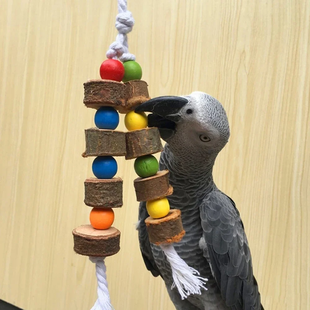 Natural Wooden Birds Parrot Colorful Toys Chew Bite Hanging Cage Balls Two Ropes Natural Blocks Tearing Toys for Birds Macaw