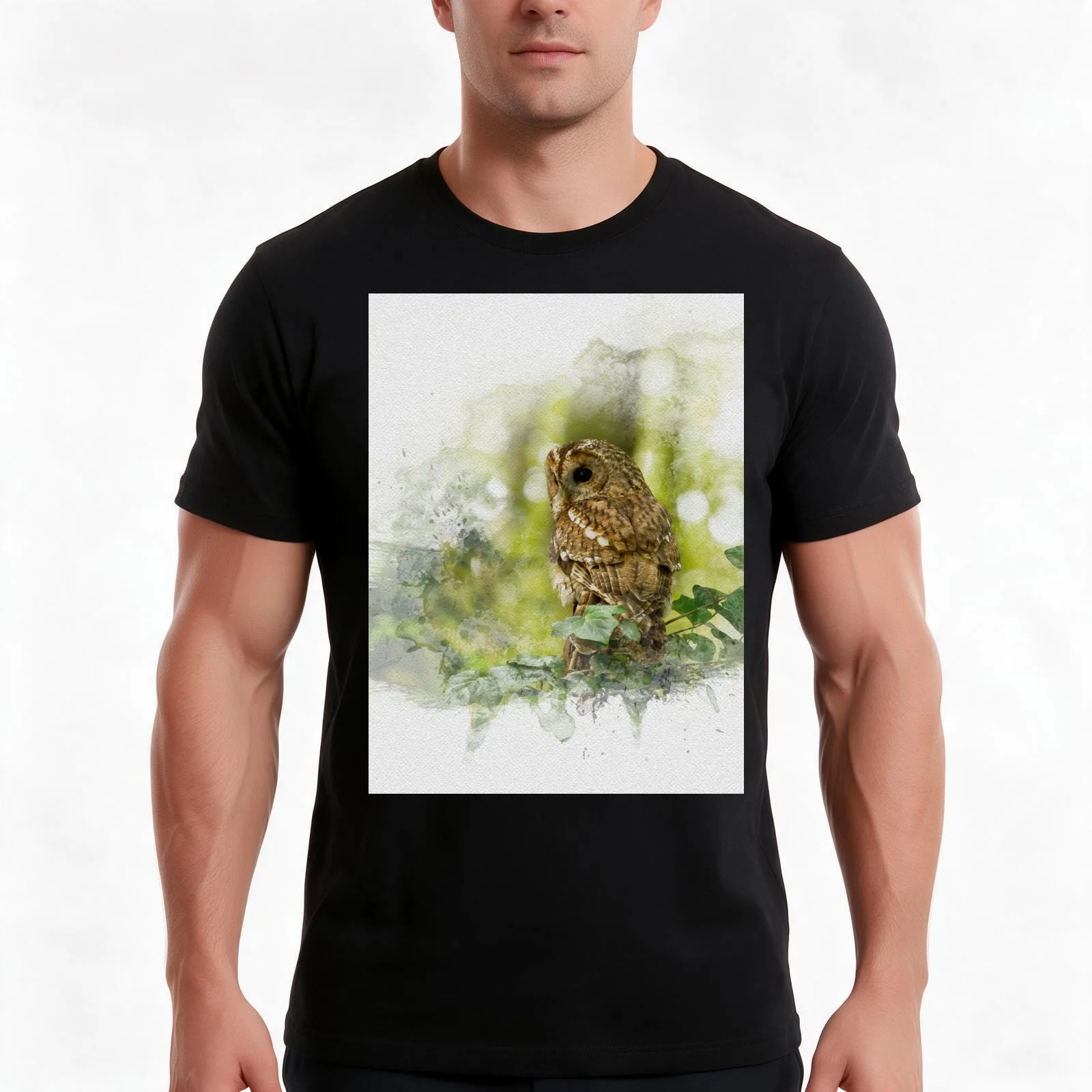 Tawny Owl Watercolour Photograph. T-Shirt, Summer Casual Cotton Tee, Oversized Streetwear Tops, Vintage Graphic Print