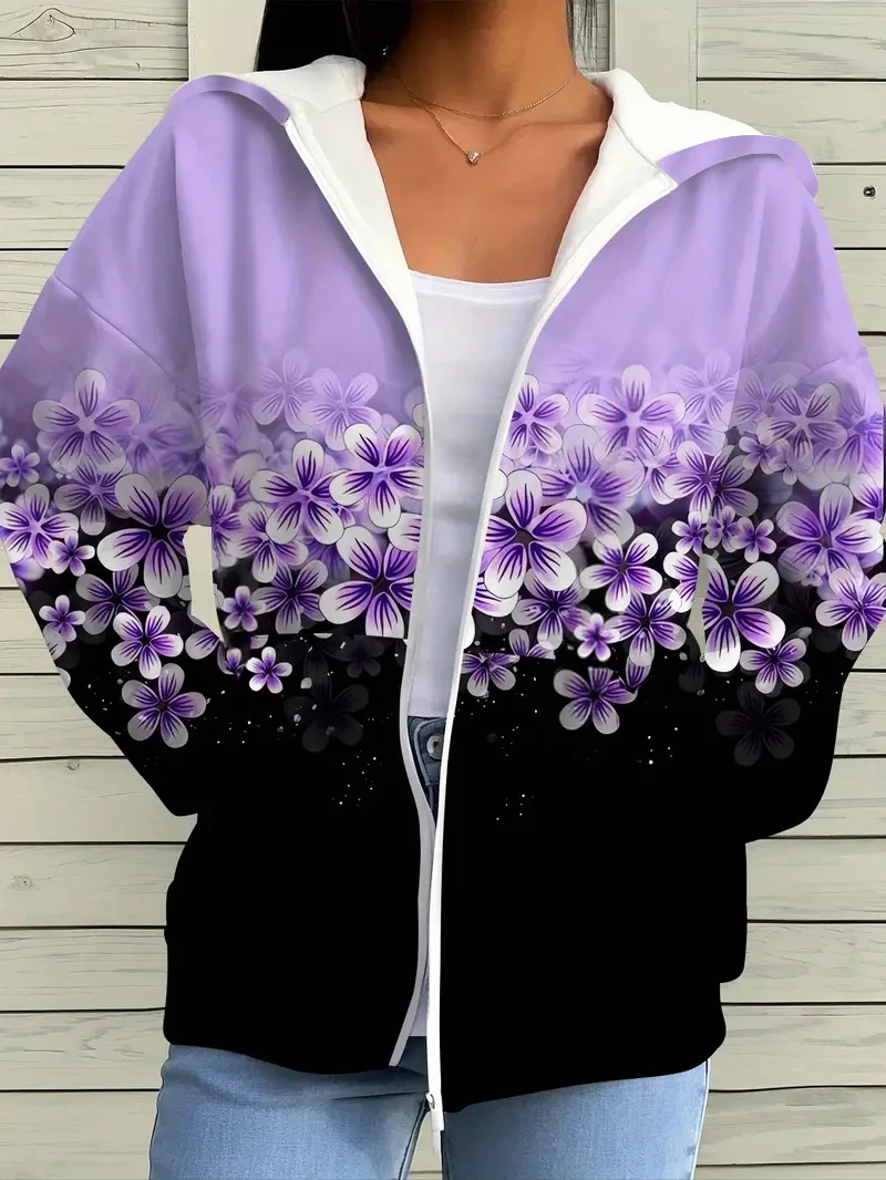 Women's Spring and Autumn Hooded Casual Floral Print Fashion Jacket - Machine Washable