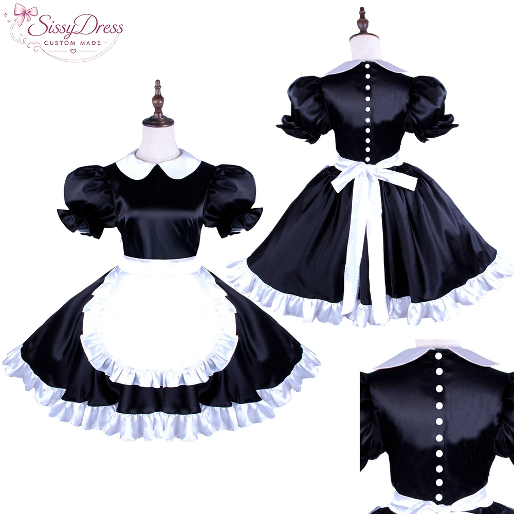 

sissy dress crossdressing sissy maid black Satin dress with Pearl buttons uniform Peter Pan collar[G1491]