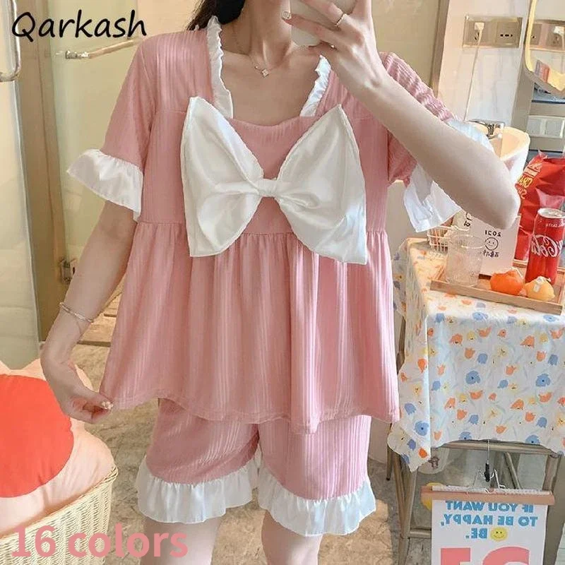 

Pajama Sets Women Summer Big Bow Lovely Short Sleeve Patchwork Design Girls Sweet Loose Soft Lounge Leisure Home Wear Popular