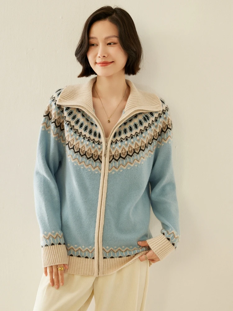 Women Fair Isle Sweater Cashmere Cardigans Zippers Thick Loose Clothes Autumn Winter 100% Cashmere Knitwear Warm Polo Collar Top