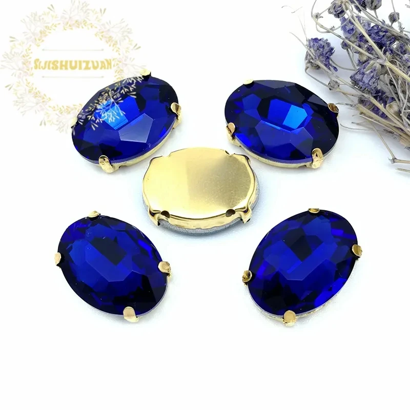 Sapphire blue Crystal Oval With Gold Claw Setting Rhinestones Sewing Clothe For Needlework Stone DIY Sew On Wedding Dress Shoes