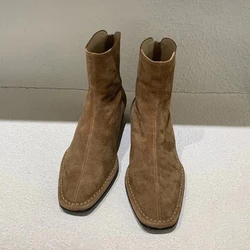Korean Fashion Ankle Boots for Women 2026 Winter New Suede Leather Square Head Low Heel Short Boots Zipper Modern Boot Shoes