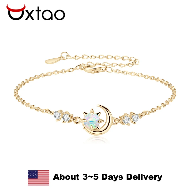 

Браслет OXTAO из 100% стерлингового серебра 925 пробы с изображением солнца и луны, с цирконами и белым опалом, модный цепной браслет для женщин, ювелирное украшение на Рождество, подарок