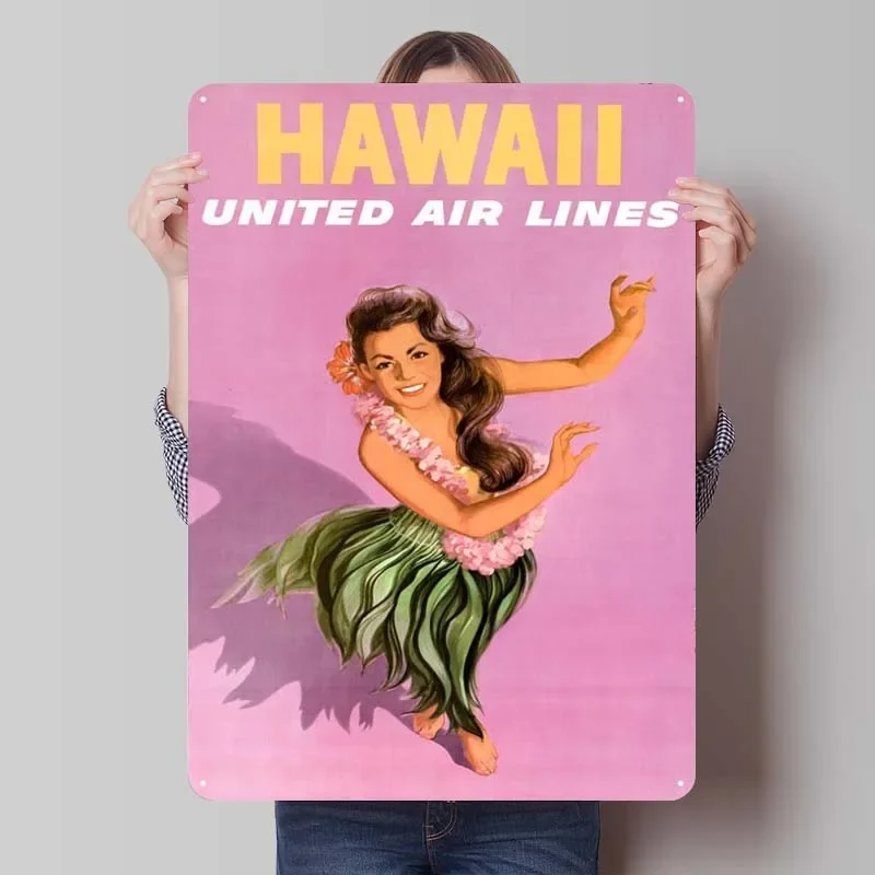 Fly to Hawaiis Paradise Vintage Metal Poster Club America Retro Metal Tin Sign Plaque for Wall Art Decoration Coffee Bar Home