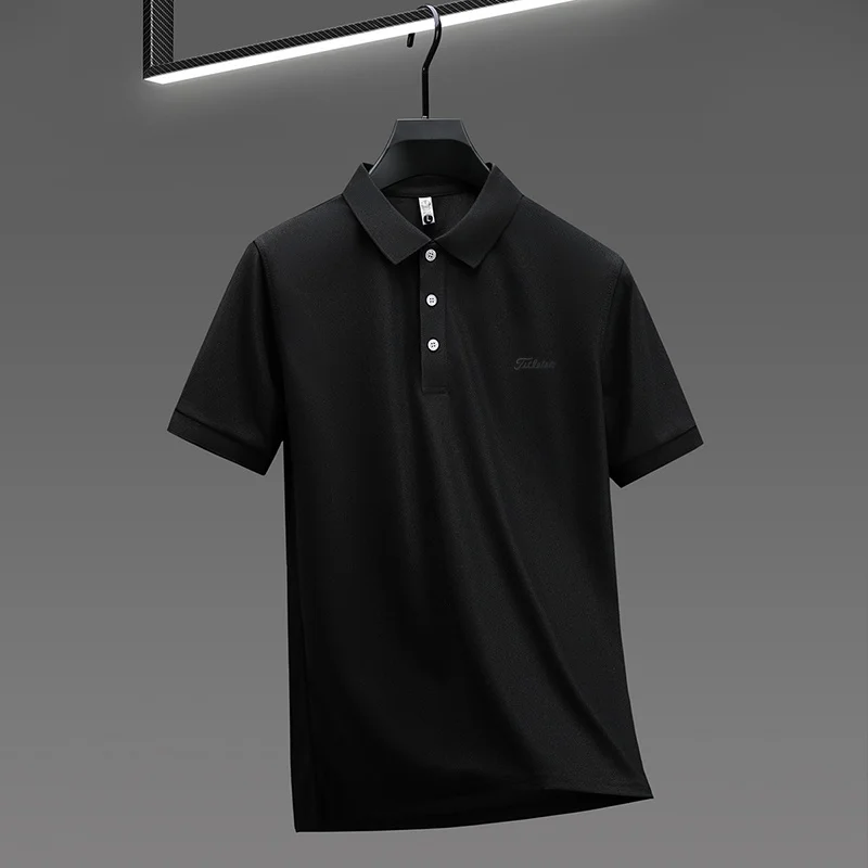 Business Casual Herren Neues Kurzarm-Poloshirt mit Kragen und Knöpfen, Einfarbig mit Schriftzug, Bequemes Atmungsaktives Herren-T-Shirt – Detail 23