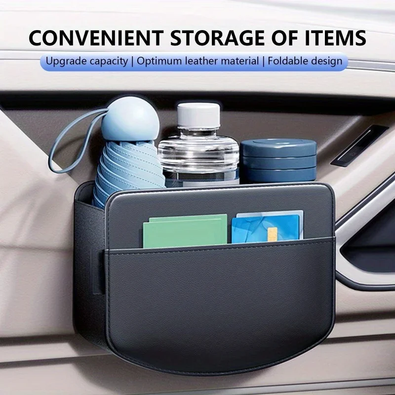 

Leather Car Seat Side Pocket Organizer - Multi-Functional Vehicle Door Storage - Universal Fit Hanging Holder for Phone, Bottle
