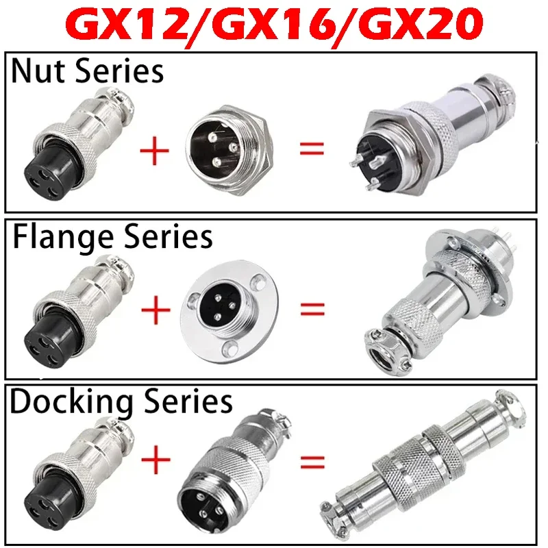 GX12 GX16 GX20 Circular Aviation Connectors 2 to 10 Pin Male Female Nut Flange Inline Plug Socket 1 or 100PC Solder Pack Options