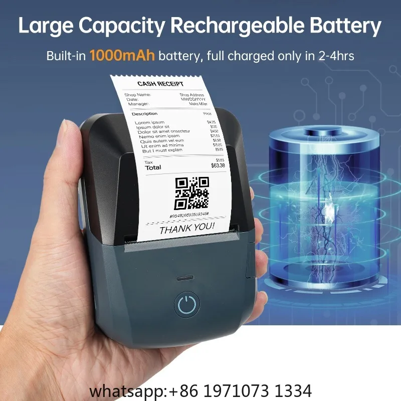 Receipt Printer 58mm Mini Thermal Label Maker Wireless BT USB Connection 203dpi Mobile Printer w/ 2 Inch Thermal Paper