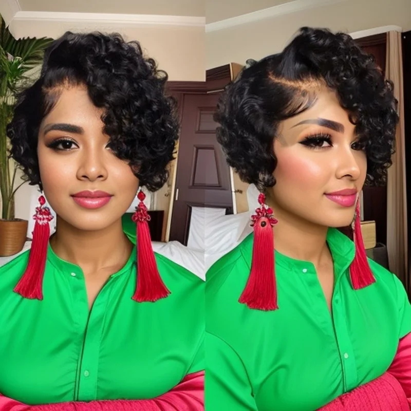 Short Curly Pixie Cut Lace Front Wigs 6 inch, 13X4X1 Human Hair