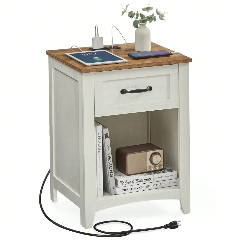 

Collection Farmhouse Nightstand With Charging Station, Bedside Table, Side Table With Drawer, Open Compartment, For Bedroom