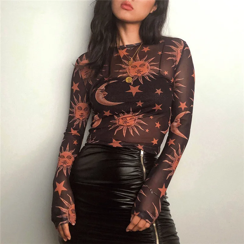 Women's New Style Black-and-White Sun-and-Moon Print Sheer Mesh T-Shirt Sheer Mesh Round Neck Base Layer T-Shirt