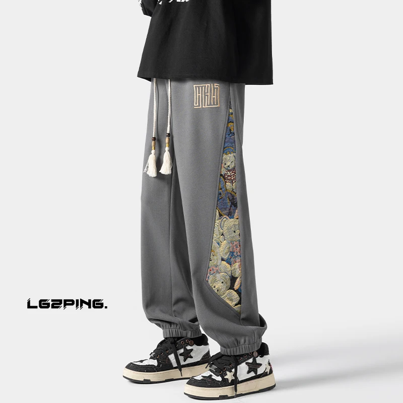 Men Sweatpants Retro Side Embroidery Pattern Straight Pants For Men Casual Joggers Drawstring Trousers