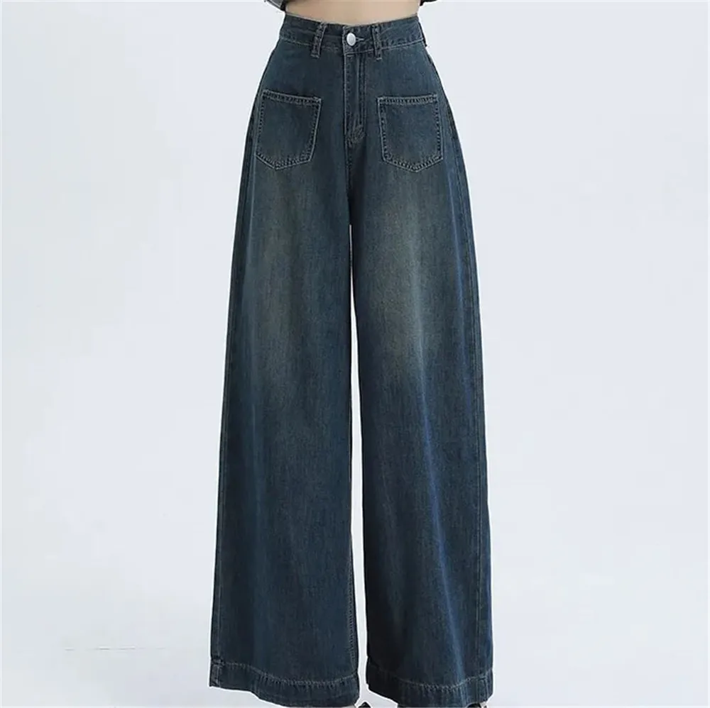 

American Retro Wide Leg Jeans Women In Summer 2024 New Slim Fit High Waisted Loose Fitting Straight Leg Pants Autumn Streetwear