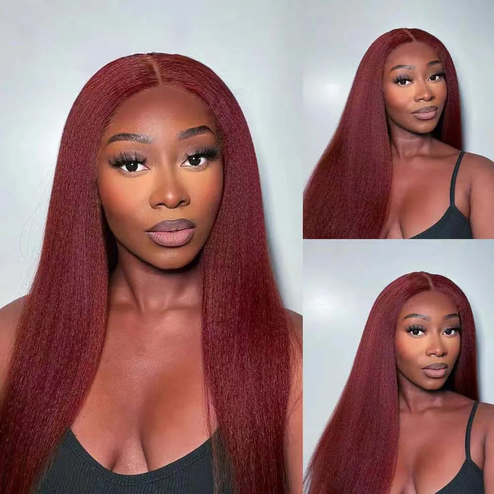 4/350 Ginger Orange Brown Piano Color Kinky Straight 13x6 Lace Frontal Wigs 4/27 Highlight Yaki Human Hair Wig 99J Burgundy Hair