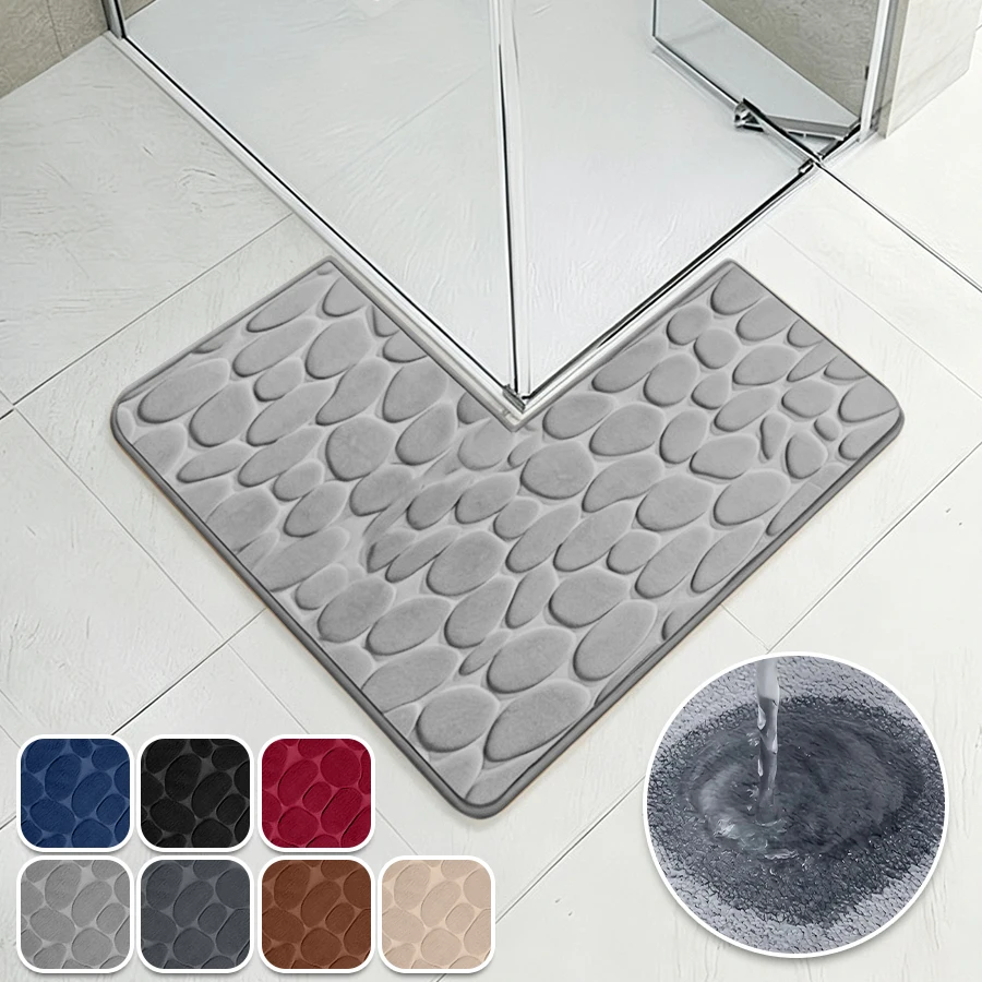 Soft L-Shaped Bath Mat Cobblestone Coral Non-slip Mat Shower Room Door Absorbent Mat Suitable for Bathroom, Laundry Room,Bedroom