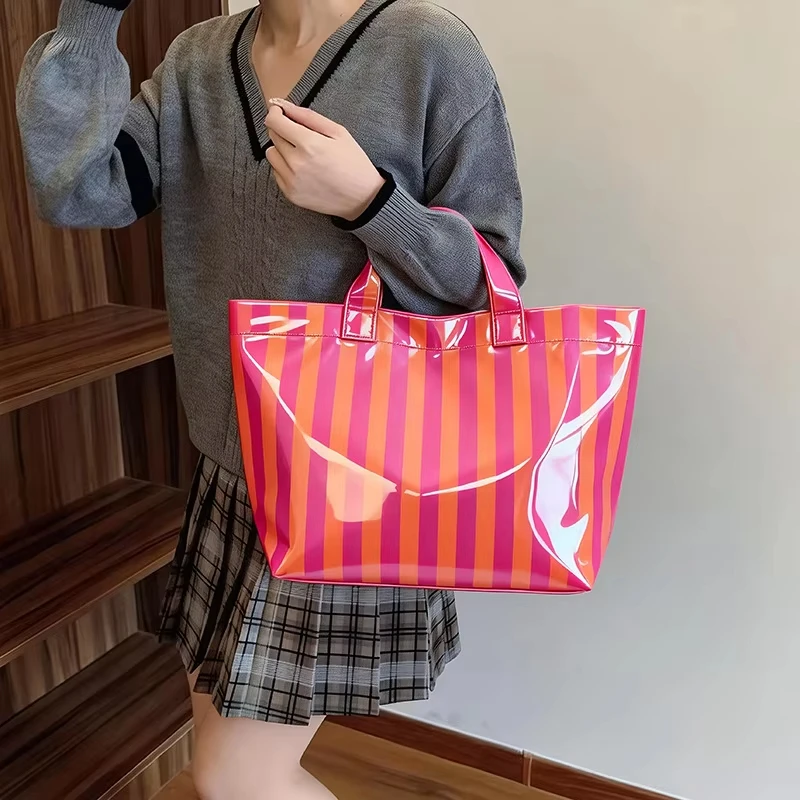 

Women's Korean Striped Retro Large Capacity Leather Tote Bag Waterproof Casual Handbag High Quality Luxury Brand Portable