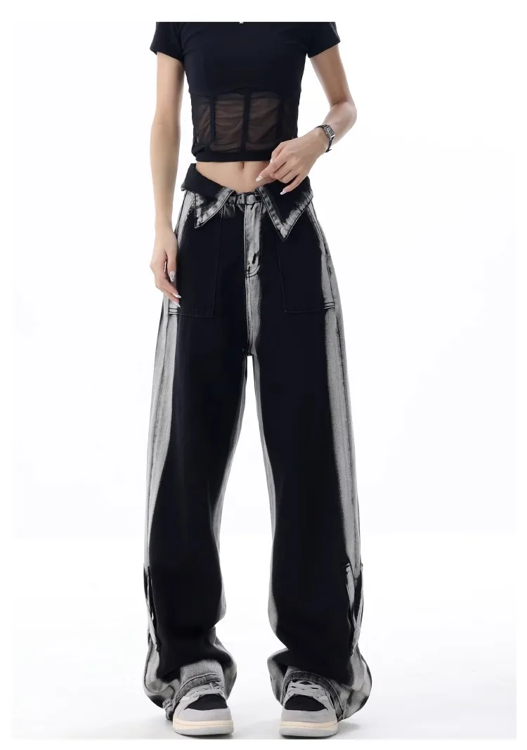 Vintage Wash High Waist High Street Style Black Straight Jeans Pants American Retro Women's Wide Leg Baggy Y2K Denim Trouser