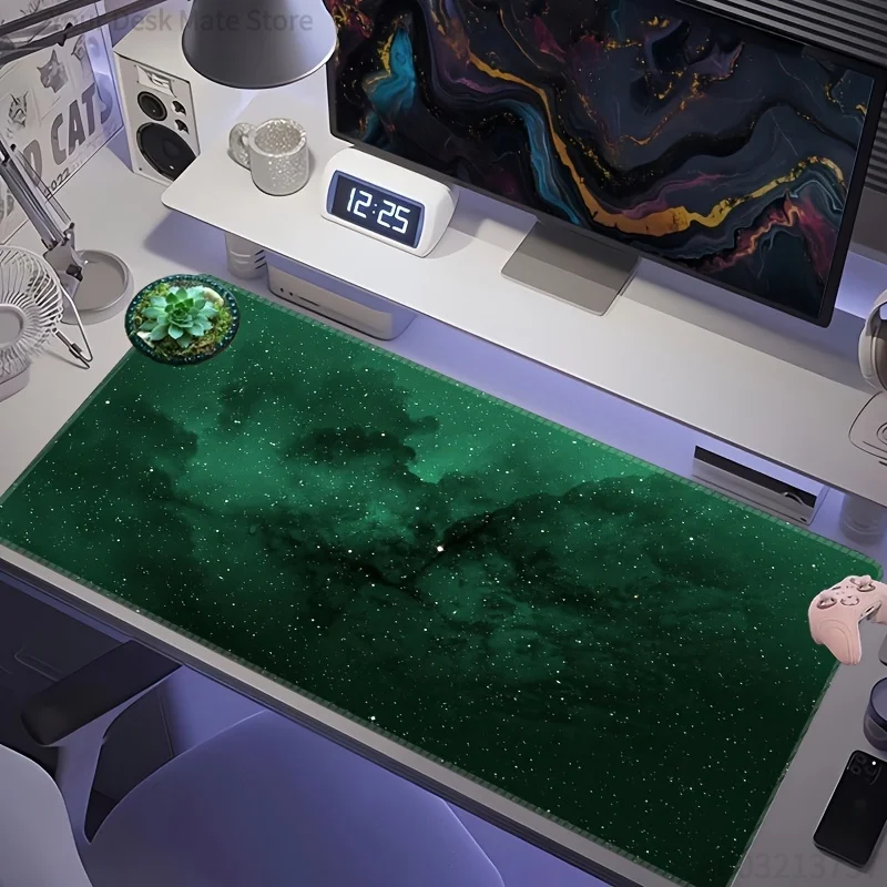 Green Nebula Starry Sky Large Gaming Mouse Pad, Cosmic Galaxy Non‑Slip Extended Desk Mat