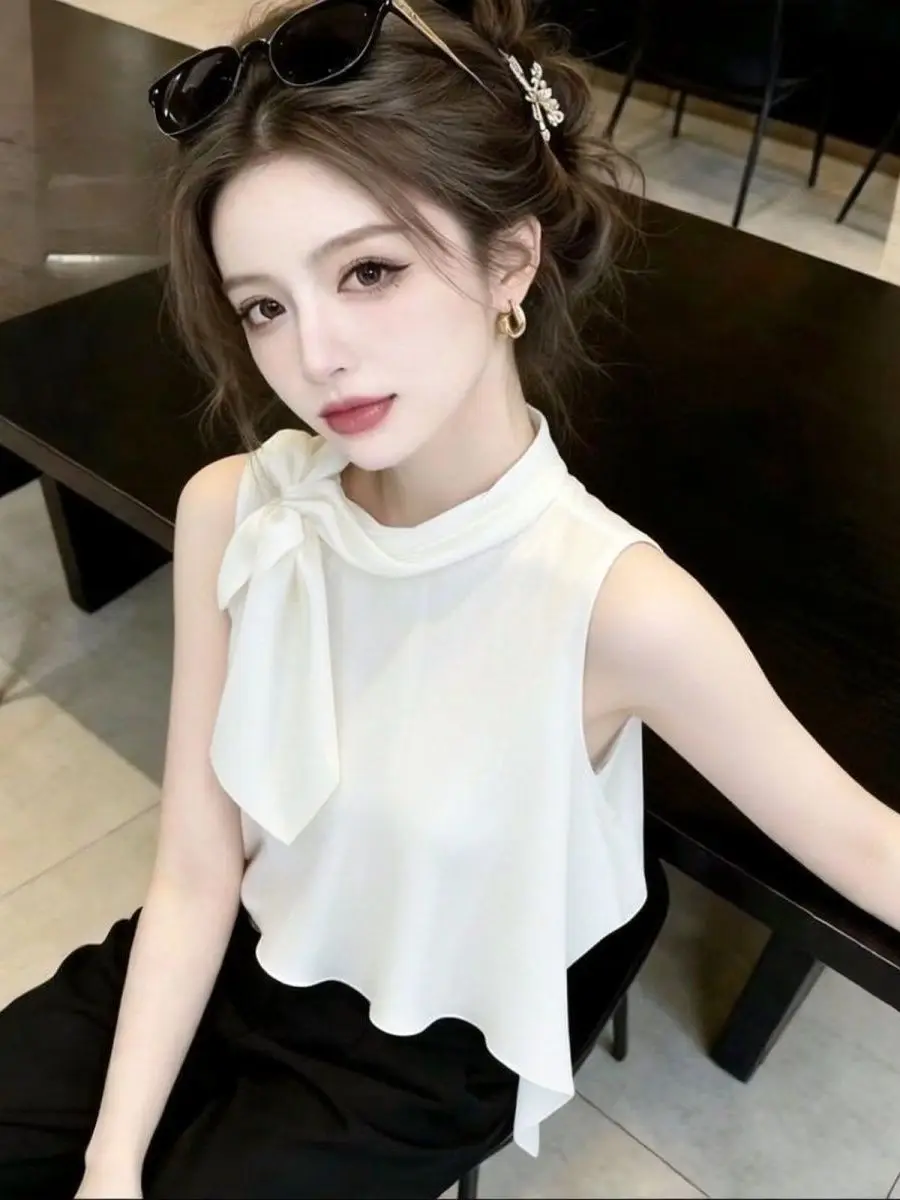 Chic Sleeveless Women's Shirt Mint Wavy Simple Belly Covering Commute French Style Loose Fit High Collar Regular Length
