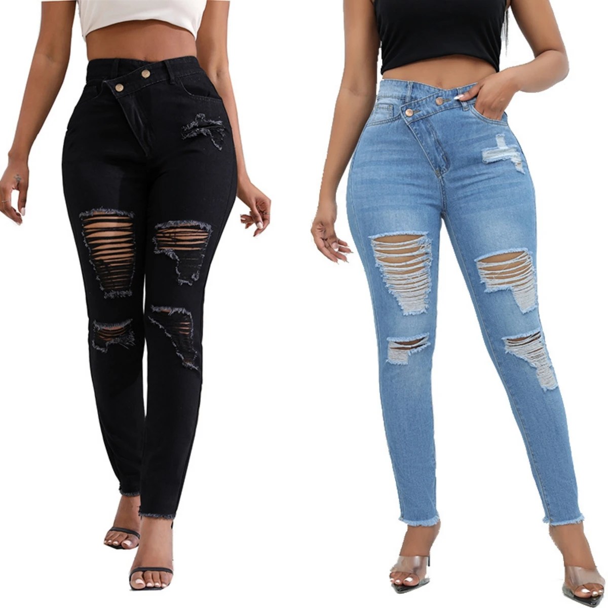 2024 New High Waist Diagonal Button Design Ripped Jeans For Women Fashion Stretch Slim Denim Pencil Pants Skinny Trousers XS-2XL