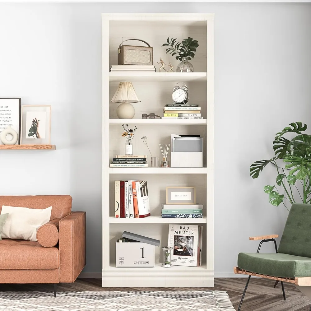 Large Cream White 72" Tall 5-Shelf Open Storage Bookcase