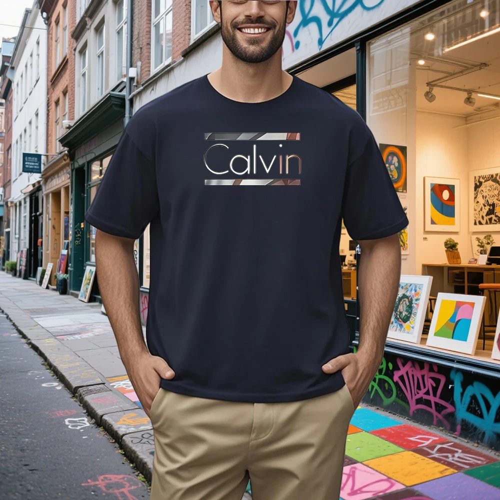 

Простые мужские и женские футболки из 100% хлопка с принтом Calvin Letters, летние и осенние, для спорта на открытом воздухе, вечеринок, повседневные, уличные, с коротким рукавом