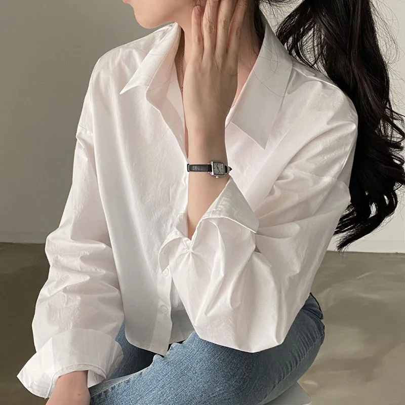 Lucyever 2024 Spring Summer Long Sleeve White Shirts Women Korean Fashion Button Back Split Crop Tops Casual Loose Lapel Blusas