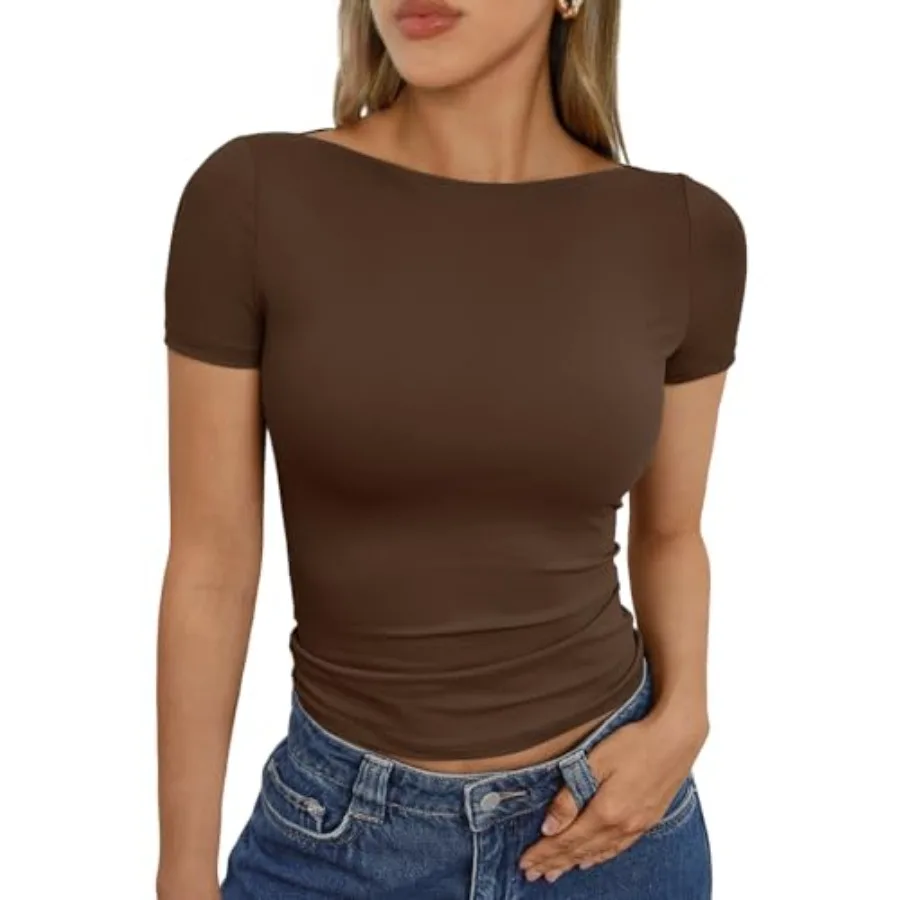 

Trendy Queen Womens Boat Neck Short Sleeve T-Shirts Fitted Compression Summer Y2k Basic Tops 2026 Spring Outfits Clothes