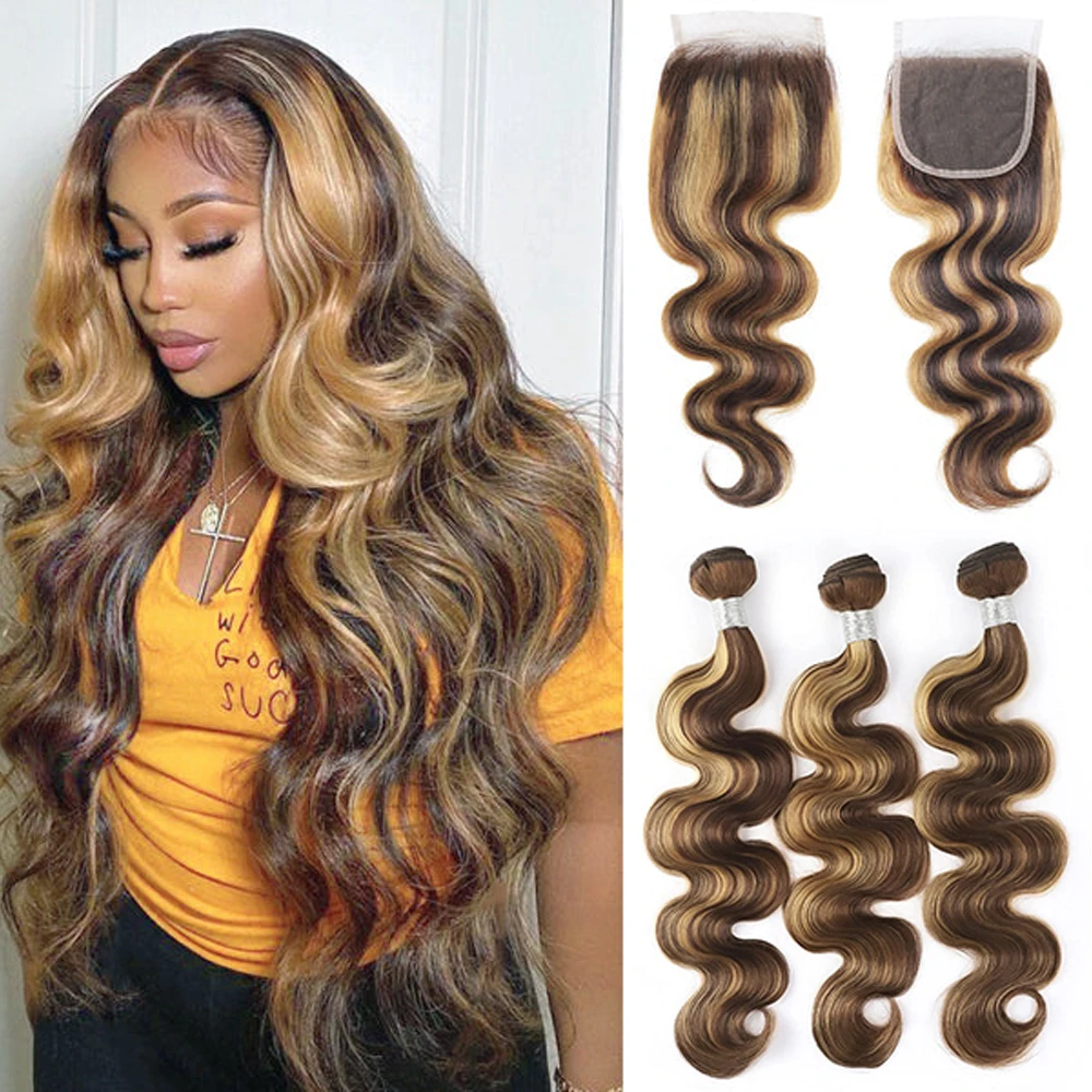 

Loose Body Wave 28 inch Human Hair 3 4 Bundles With Closure Honey Blonde Highlight Brazilian Weave Bundle With Frontal For Women