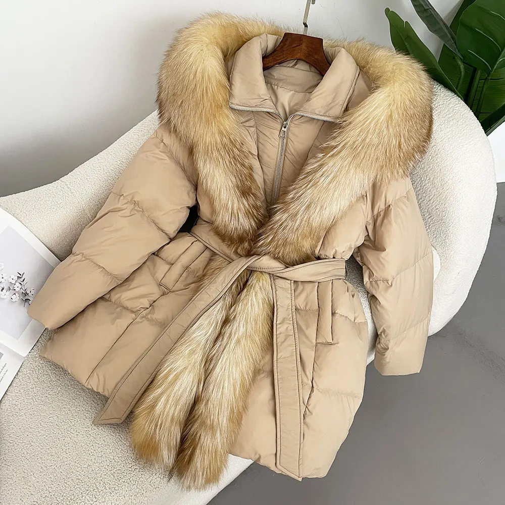 

2025 Women Winter Jacket Hooded Natural Real Fox Fur White Duck Down Coat Thick Warm Streetwear Casual Outerwear Puffer Jacker