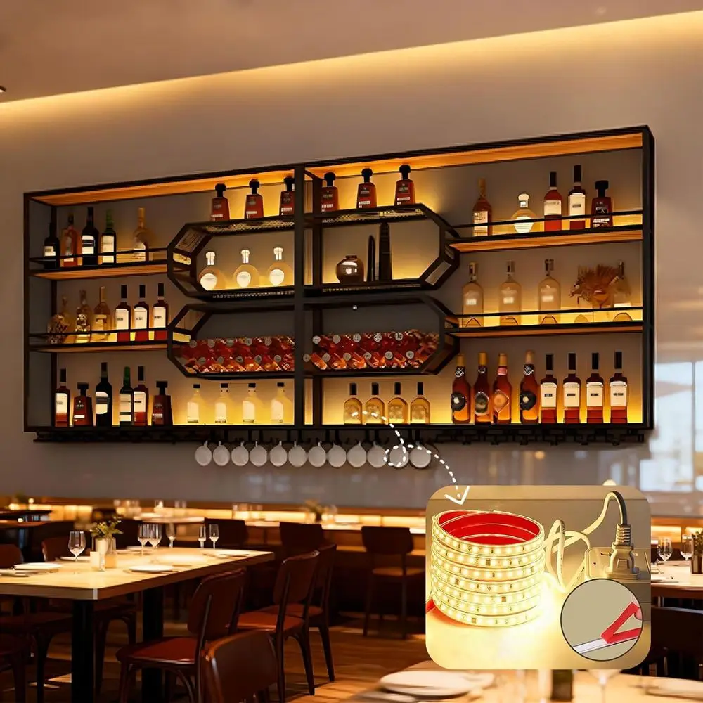 

4-Tier Wall-Mounted Wine Rack with LED Lights, Glass Holders, and Heavy-Duty Metal for Bar or Dining Room