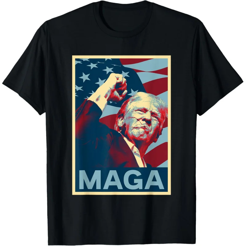 Trump 2024 Fight Fist Pump US Flag Vintage Style Poster MAGA T-Shirt