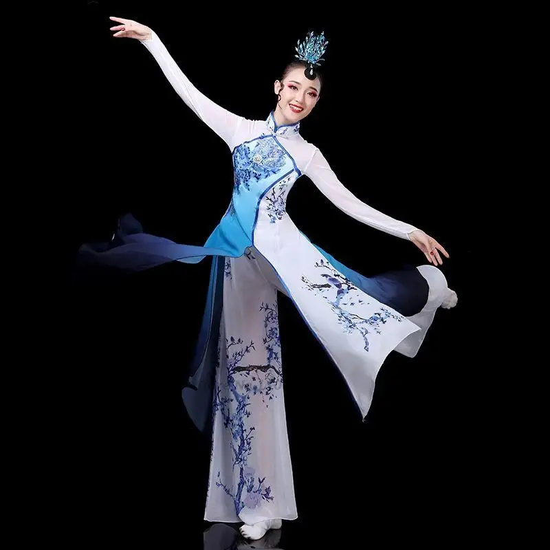 2024 traditional chinese vintage hanfu flower print qipao dress+pants set ancient folk dance costume stage performance dress