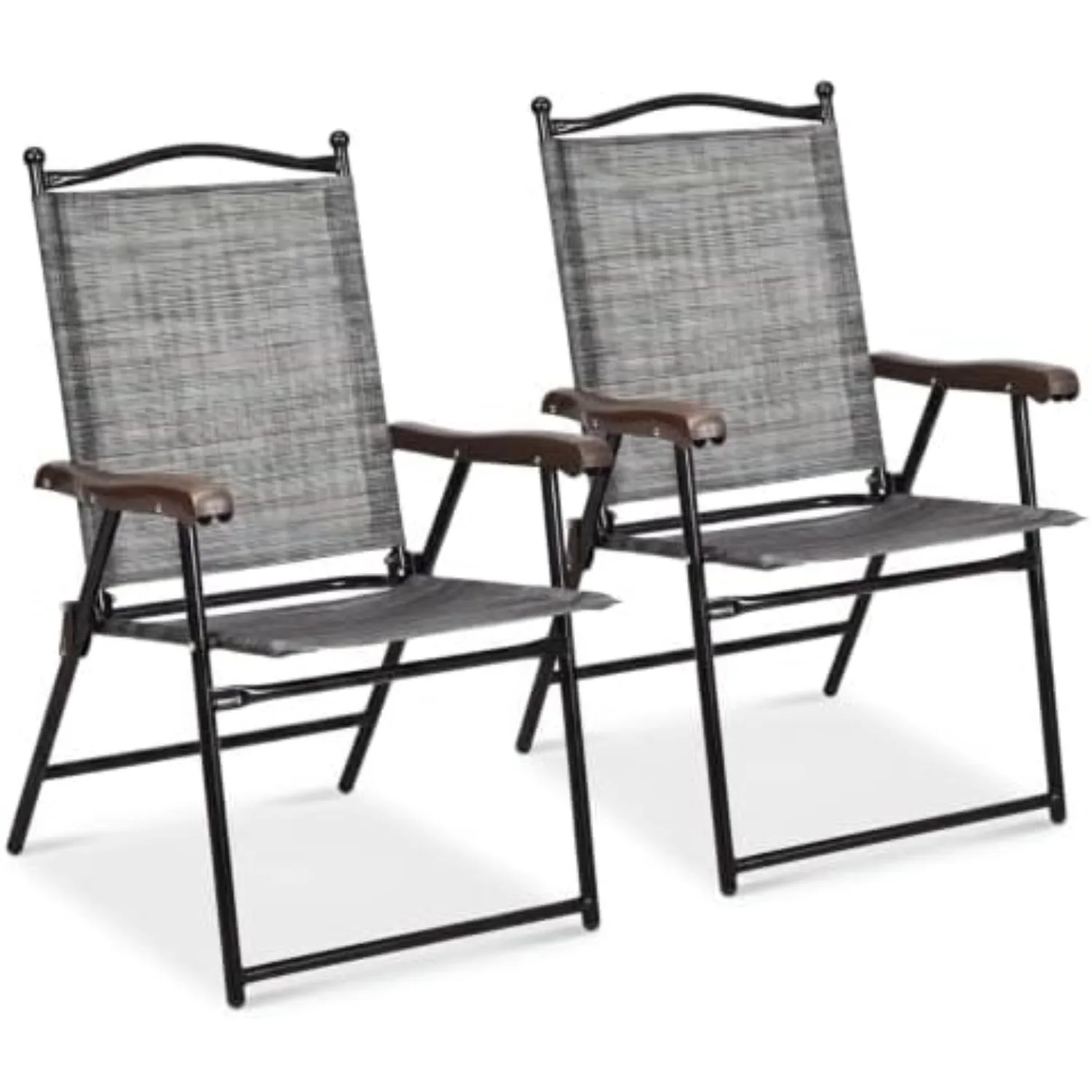 Set of 2 Patio Folding Chairs, Outdoor Patio Dining Chairs w/Armrest, Sling Back, Metal Frame, Outside Use for Lawn