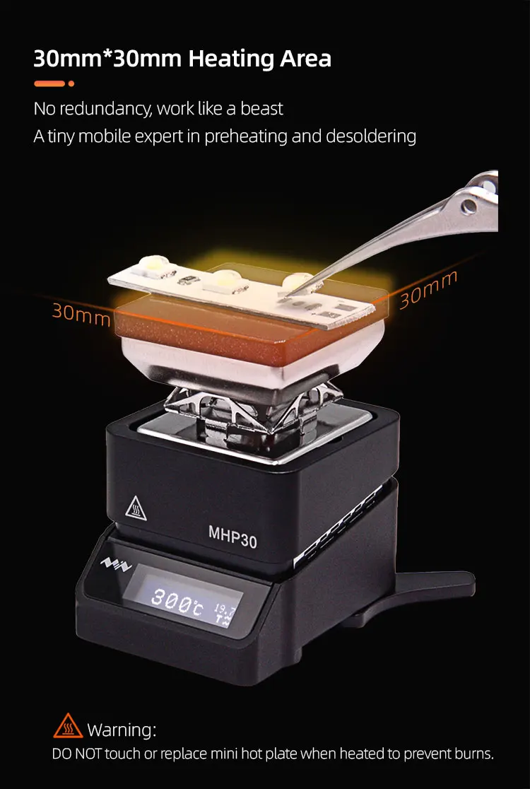 MINIWARE MHP30 Mini Hot Plate Preheater 30*30mm Heating Area Constant Temperature Heating Table 300℃ Intelligent Heating Tool