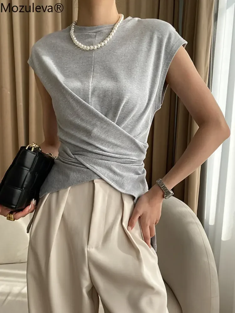 Mozuleva Spring Summer Fashion Women T-shirt O-neck Short Sleeve Slim Waist Solid Split Buttons T-shirt Girls Harajuku Tops