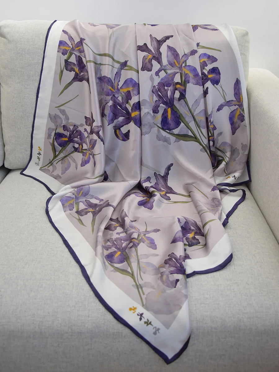 

Purple Flowers Mulberry Silk Scarf Luxury Brand Designer Hand-Rolled Edges Shawls Bandanas Tops Head Neck Scarves 110 Foulard