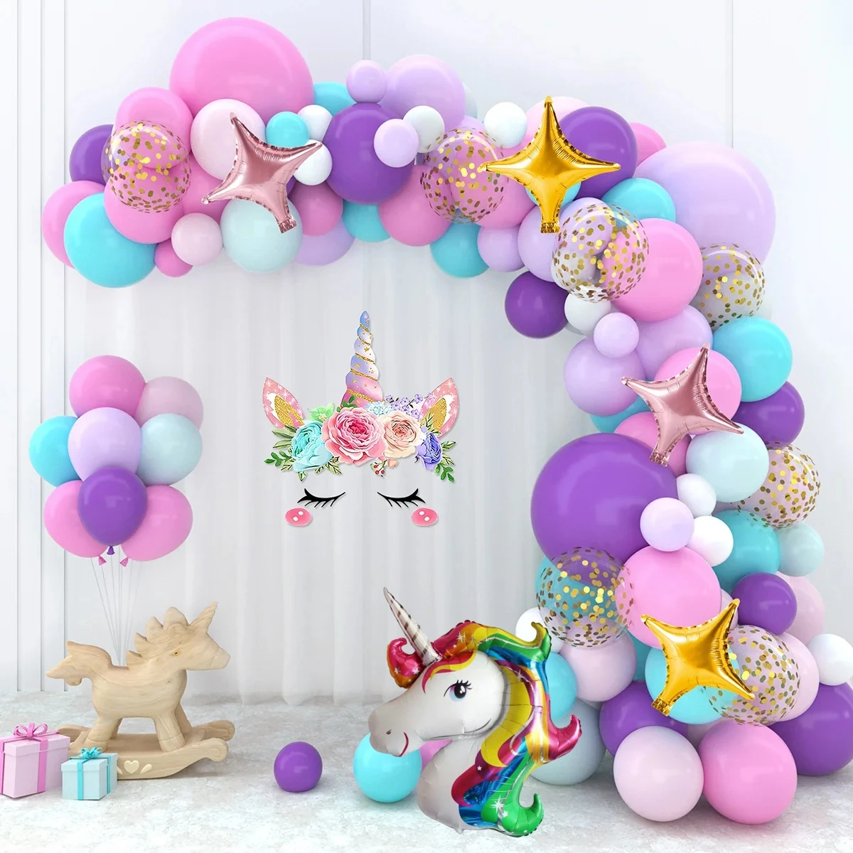 97Pcs A set of unicorn themed balloon wreath and arch set, wedding, birthday party decoration, single party decoration