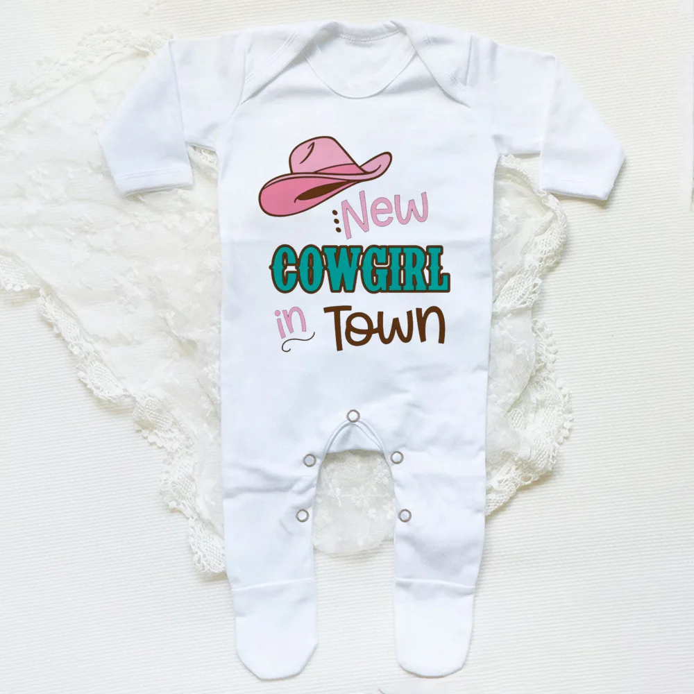 New Cowboy In Town Print Baby Sleepsuit Boy Girl Funny Clothes Babygrow Sleepsuit Baby Coming Home Outfits Newbron Shower Gift