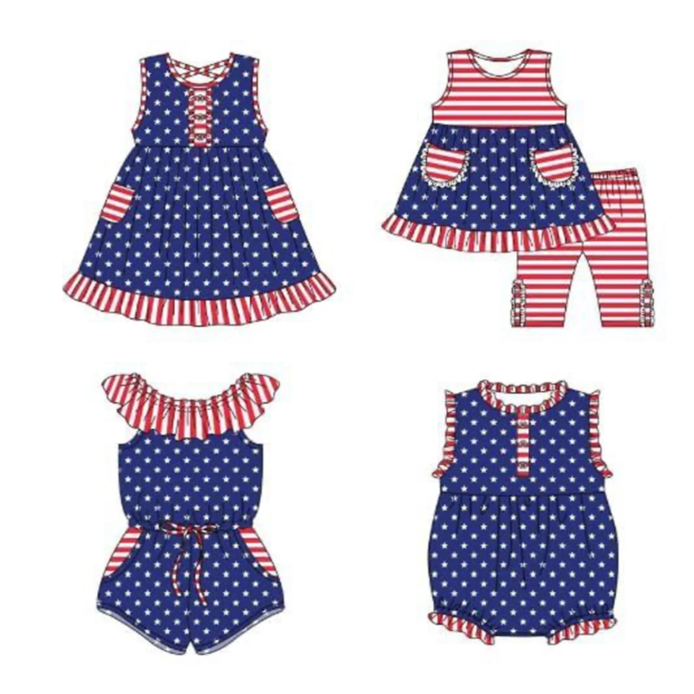 

Wholesale July 4th Summer Blue Children's Clothing Girls Five-Pointed Star Overall Pattern Suit Milk Silk Material Striped Skirt